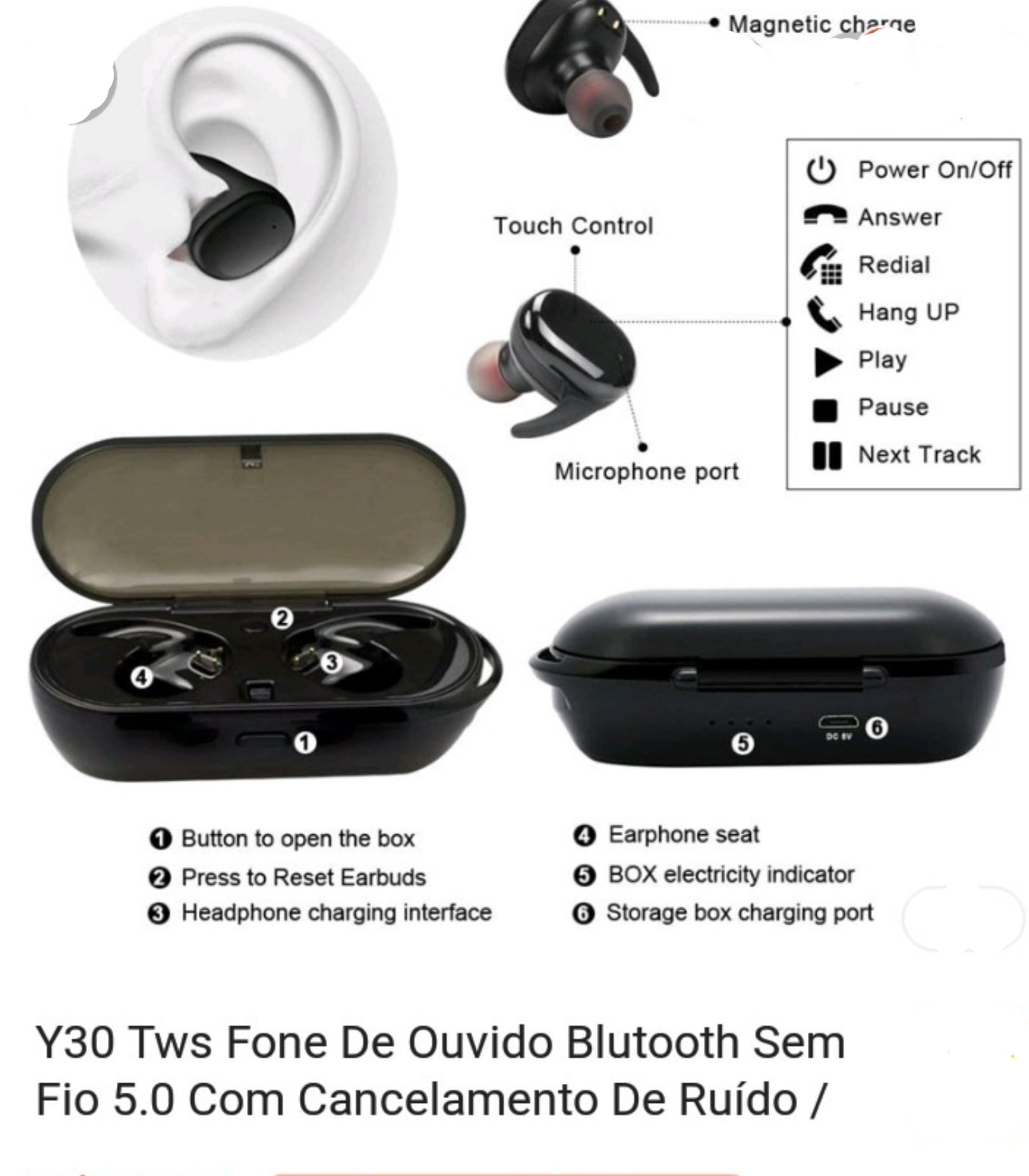 Fone de Ouvido Sem Fio Intra Auricular Wireless Bluetooth 5.0